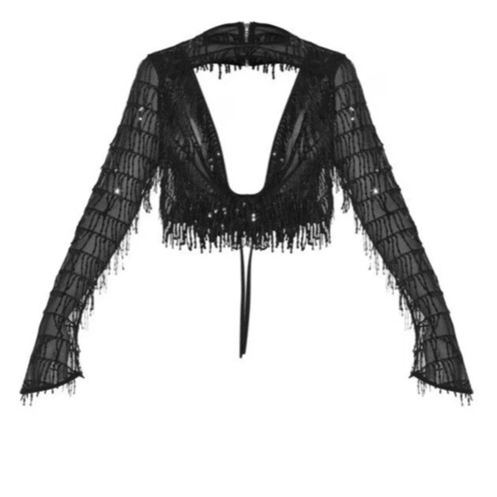 Pretty Little Thing Top Womens Size 4 Black Sequin Detail Cowl Neck Tie Back Top